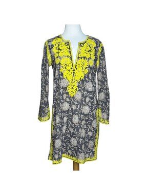 Gallabia Urban Casual Kaftan Dress Small S Gray Floral Neon Yellow Embroidery